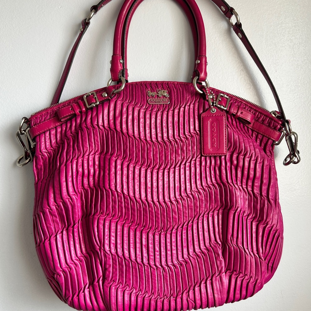 Coach Magenta Madison Large Satchel Purse Accordion Pleats F-1282-18643 Fuchsia